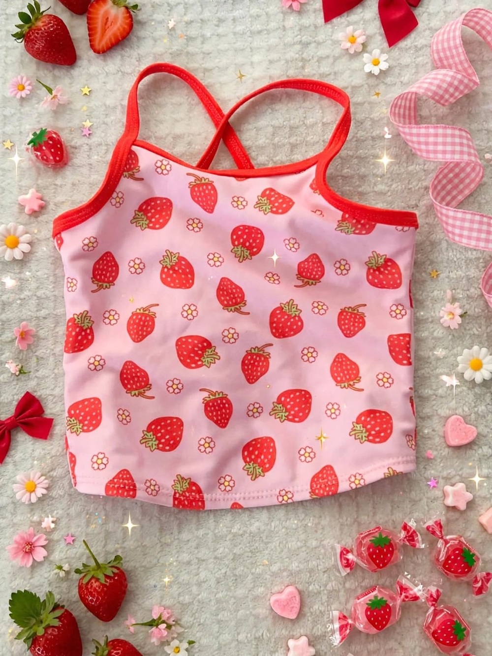 Girls' Pink Strawberry Print Tank Top with Red Trim